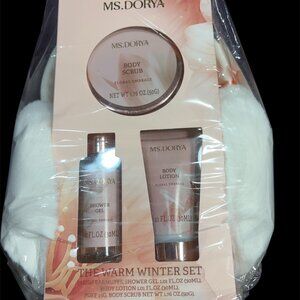 BUNDLE OF WHITE FUR EAR MUFFS AND BODY ESSENTIALS